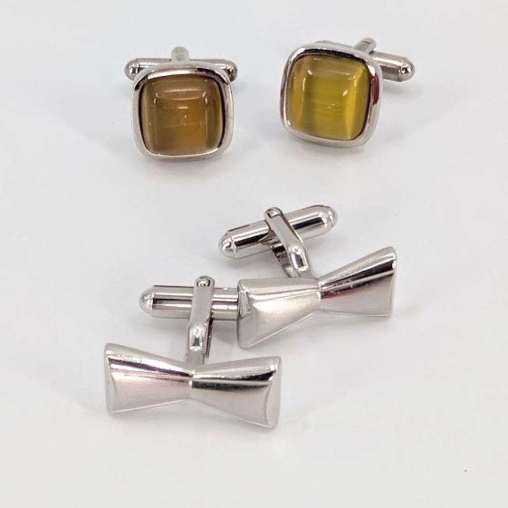 VTG Cufflink Lot Silver Tone Bow Tie and Amber Glass Set of 2 Pairs MCM Classic
